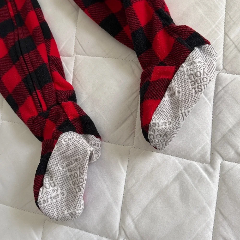 Carter's Red and Black Plaid Moose Footie size 2T